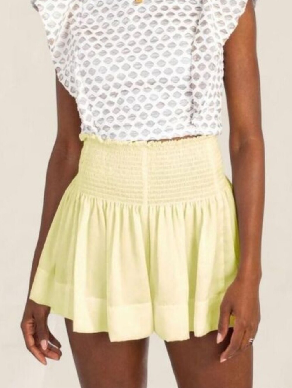Koch Pale Yellow Erika Flowg Smocked Waist Mini Shorts